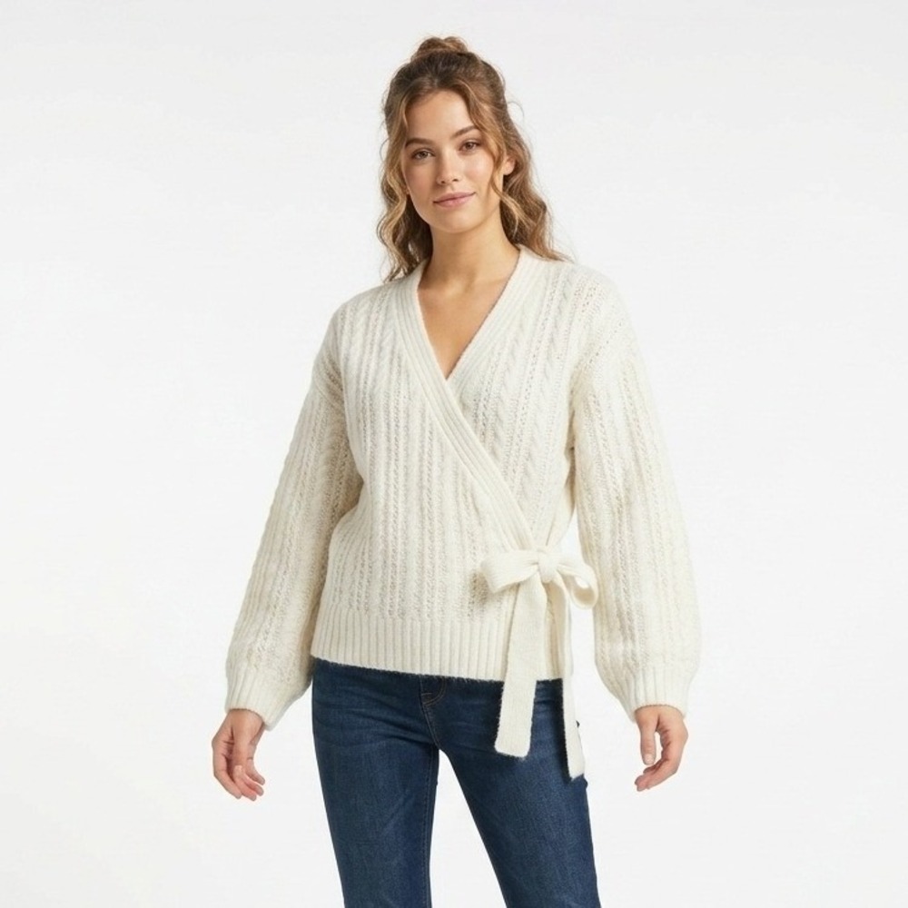 Topshop Cardigan Cable Knit Wrap Tie Waist Cream White‎ Size S